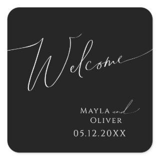 Whimsical Minimalist Script Black Wedding Welcome Square Sticker