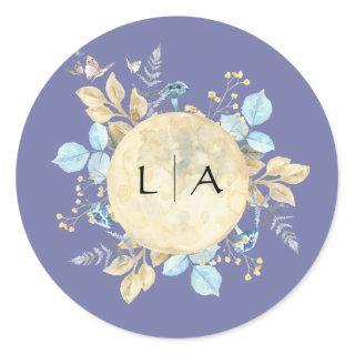 Whimsical Moon Purple Monogram Wedding Sticker