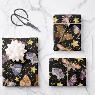 Whimsical Night Moth Butterflies Faux Gold Stars  Sheets