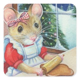 Whimsical North Pole Gingerbread Baker Mouse Art Square Sticker