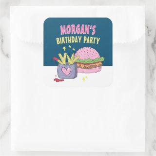 Whimsical Pink Burger and Fries Birthday Party Square Sticker