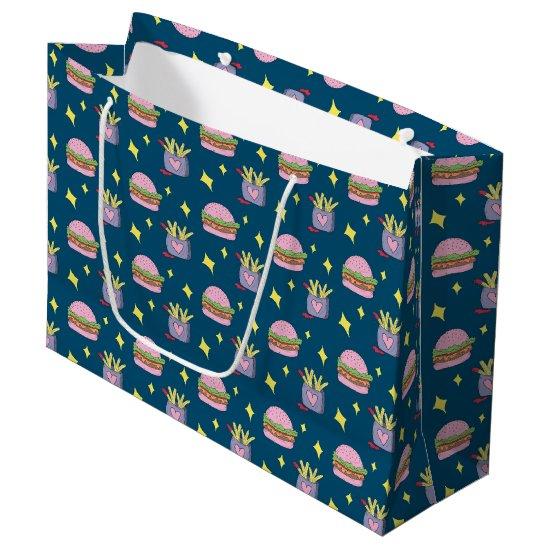 Whimsical Pink Burger and Fries Pattern Large Gift Bag