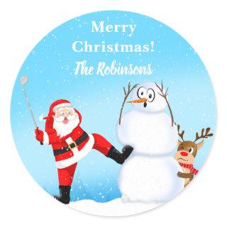 Whimsical Santa Playing Golf, Snowman And Reindeer Classic Round Sticker