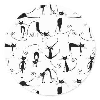 Whimsical Skinny Black Cat Pattern Classic Round Sticker