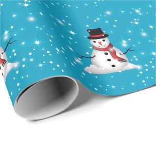 Whimsical Smiling Snowman with Red Scarf on BLUE