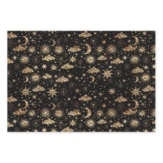 Whimsical Star Moon Planets Gold On Black  Sheets