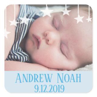 Whimsical Stars New Baby Name and Date Square Sticker