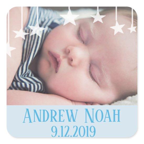 Whimsical Stars New Baby Name and Date Square Sticker