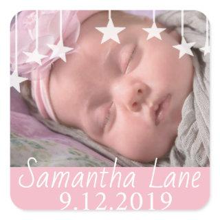 Whimsical Stars New Baby Name and Date Square Sticker