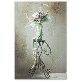 Whimsical Vintage Furry Sage Green Cat Decoupage Tissue Paper