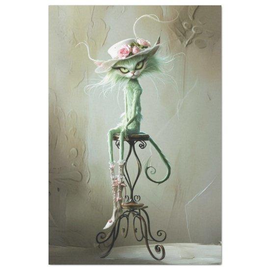 Whimsical Vintage Furry Sage Green Cat Decoupage Tissue Paper