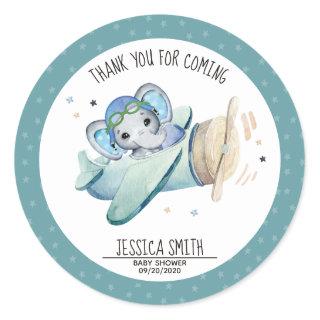 Whimsical Watercolor Elephant Airplane Baby Shower Classic Round Sticker