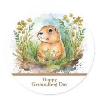 Whimsical Watercolor Happy Groundhog Day  Classic Round Sticker