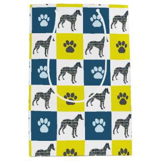 Whippet Dog & Paw Yellow & Blue Grid Medium Gift Bag