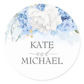 White and Dusty Blue Floral Wedding Classic Round Sticker