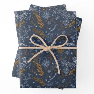 White and golden floral doodles in blue  sheets