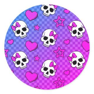 White and pink skull and hearts pattern classic round sticker