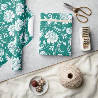 White and turquoise blue floral damask pattern