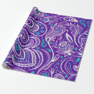 White and turquoise paisley pattern on purple