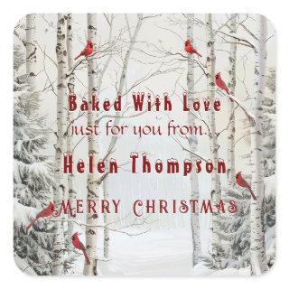 White Birch Trees  Winter Forest Red Cardinals   Square Sticker