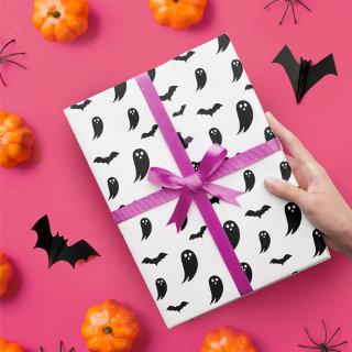 White & Black Fun Halloween Ghost & Bats Pattern