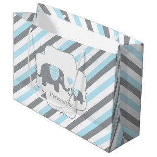 White, Blue & Gray Stripe Elephants Baby Shower Large Gift Bag
