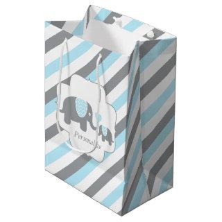 White, Blue & Gray Stripe Elephants Baby Shower Medium Gift Bag