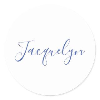 White Blue Plain Elegant Modern Calligraphy Name Classic Round Sticker