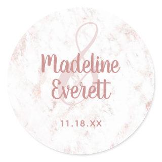 White Blush Marble and Rose Gold Monogram Wedding Classic Round Sticker