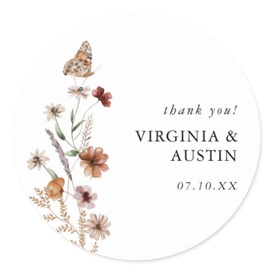 White Boho Floral Classic Round Sticker