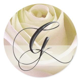 White Bridal Rose Monogram Sticker... Initial G Classic Round Sticker