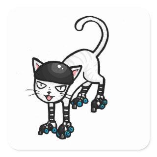 White cat on rollerskates square sticker