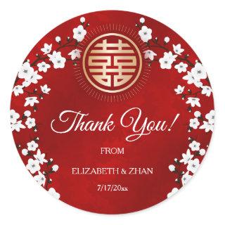White Cherry Blossom Red Chinese Wedding Thank You Classic Round Sticker
