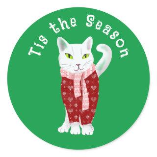 White Christmas Cat In Holiday Sweater Custom  Classic Round Sticker