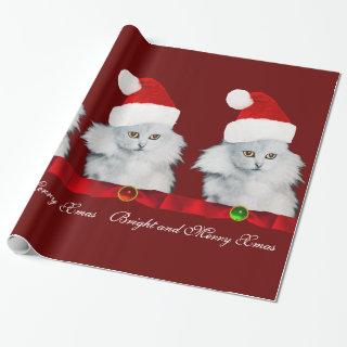 WHITE CHRISTMAS CAT,SANTA CLAUS HAT AND RED RIBBON