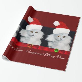 WHITE CHRISTMAS CAT,SANTA CLAUS HAT AND RED RIBBON