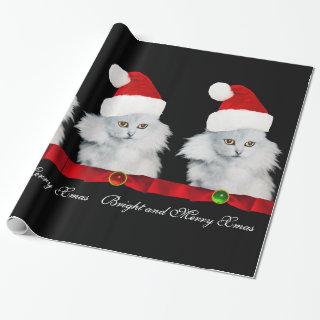 WHITE CHRISTMAS CAT,SANTA CLAUS HAT AND RED RIBBON
