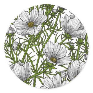 White cosmos flowers classic round sticker
