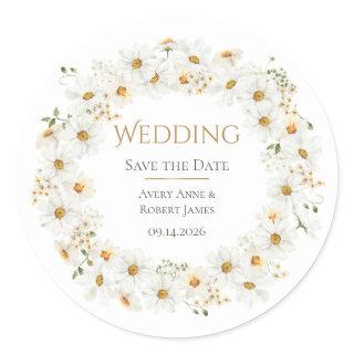 White Daisy Wreath Watercolor Pretty Save the Date Classic Round Sticker