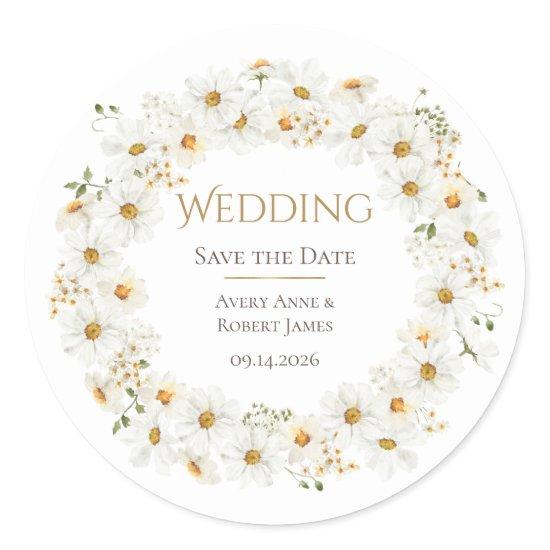 White Daisy Wreath Watercolor Pretty Save the Date Classic Round Sticker