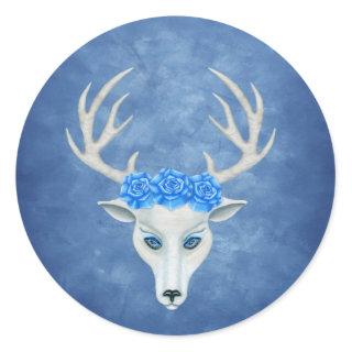 White Deer Head Face Blue Eyes Roses Antlers Classic Round Sticker