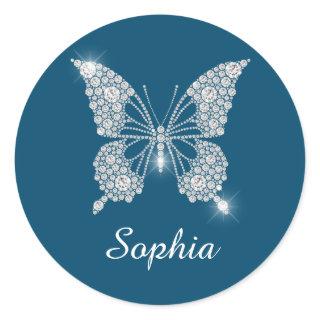 White Diamond Butterfly, Script Name, Ocean Blue Classic Round Sticker