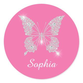 White Diamond Butterfly, Script Name, Pink Classic Round Sticker