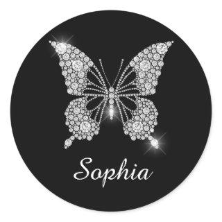 White Diamond Butterfly, White Script Name, Classic Round Sticker