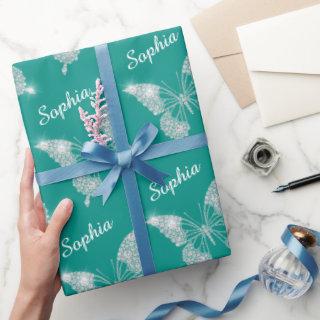 White Diamonds Butterfly Sparkle Script Name, Teal