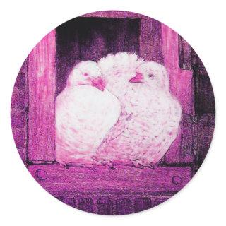 WHITE DOVES AT THE WINDOW pink violet purple Classic Round Sticker