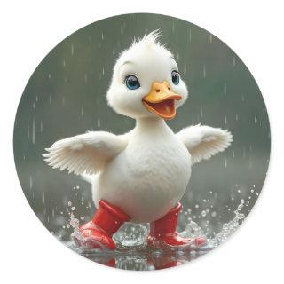 White Duckling Splashing In a Rain Puddle Classic Round Sticker