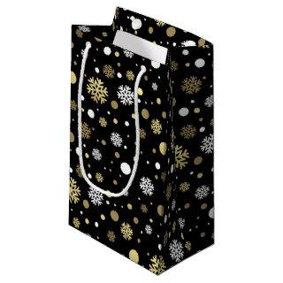 White Faux Gold Snowflakes Polkadots On Black Small Gift Bag