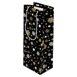 White Faux Gold Snowflakes Polkadots On Black Wine Gift Bag
