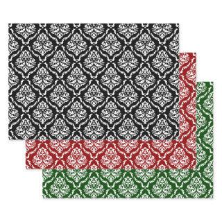 White Floral Damask On Black, Red, Green  Sheets